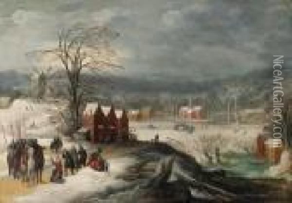 A Winter Landscape With Soldiers At A Village Oil Painting - Joos De Momper