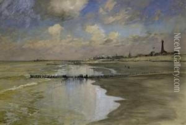 On The Beach By Scheveningen. 
Signed And Dated Lower Left: Hans Bohrdt. Scheveningen 28. Juli 1910 Oil Painting - Hans Bohrdt