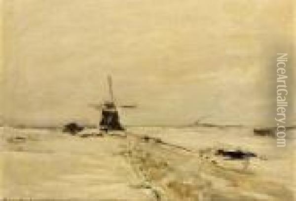 Windmill In A Snow Covered Landscape Oil Painting - Louis Apol