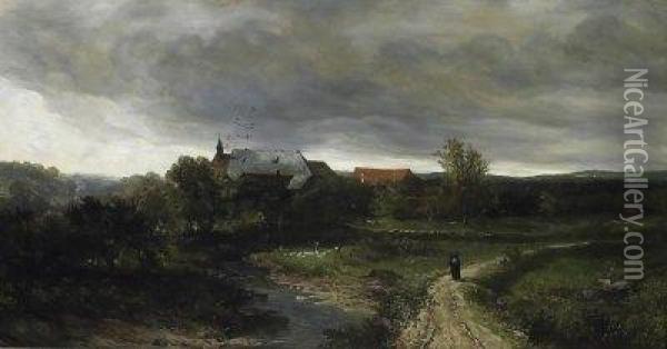 An Old Monastry In A Vast Forest Landscape. Two Monks On A Pathway Oil Painting - Johannes Warnardus Bilders
