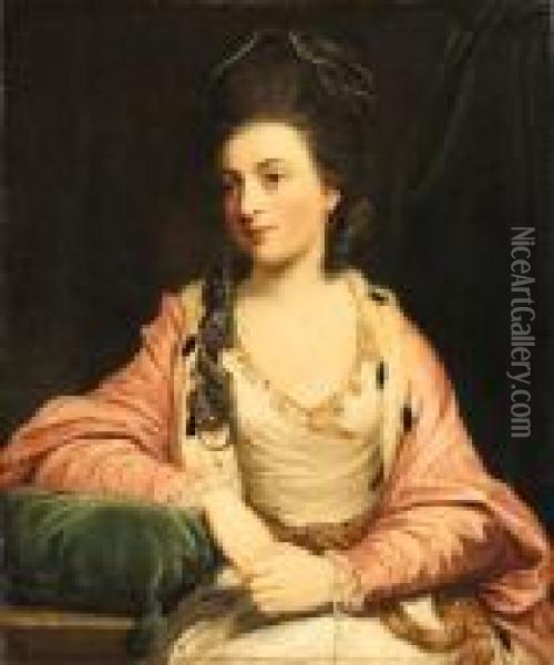 Portrait Of A Lady, Said To Be 
Marchesa Castiglione, Seatedthree-quarter Length, Wearing A White Dress 
With An Ermine-linedpink Robe Oil Painting - Sir Joshua Reynolds