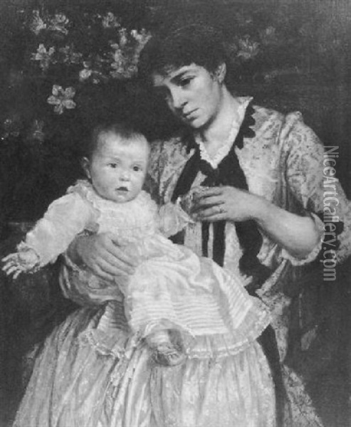 Mother With Child In Christening Dress With Floral Background Oil Painting - William Langson Lathrop