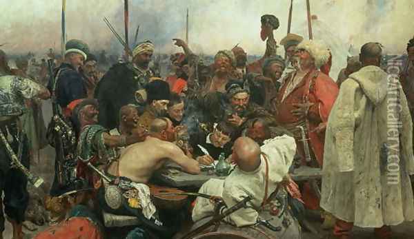 The Zaporozhye Cossacks writing a letter to the Turkish Sultan, 1890-91 Oil Painting - Ilya Efimovich Efimovich Repin