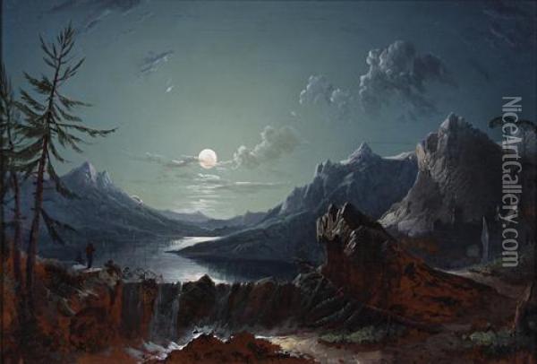 Moonlit Lake Landscape Oil Painting - Sebastian Pether