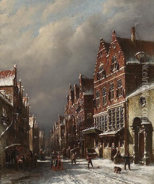 Figures In A Dutch Street In Winter Oil Painting - Pieter Gerard Vertin