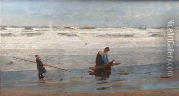 On The Beach, Mother And Child Collecting Driftwood Oil Painting - William Lionel Wyllie