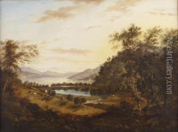 A Panoramic Highland Landscape With Distant Lochside Town Oil Painting - Elizabeth Wemyss Nasmyth