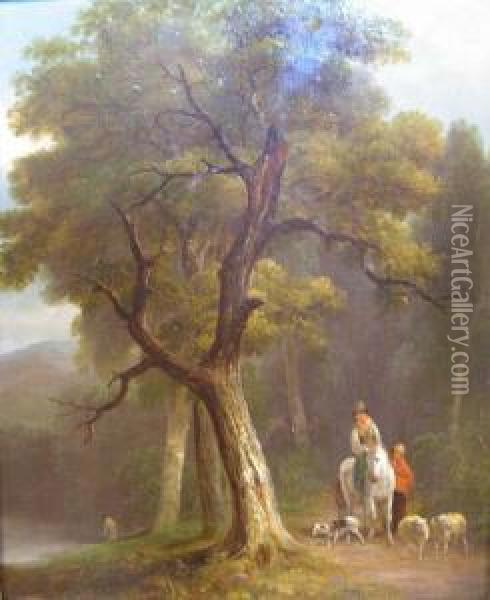 Rhodes, -1854 Travellers With Dog Andsheep On A Woodland Path, Inscribed On Reverse 'rhodes' With An Oldcataloguing Description, Oil On Panel, 29cm By 24cm Oil Painting - Joseph Rhodes