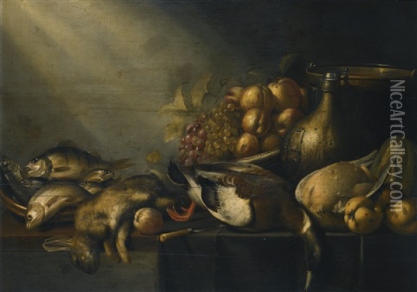 Still Life With A Dead Hare And Duck, Fish, Vegetables And An Earthenware Flagon, On A Draped Table Oil Painting - Harmen Steenwyck