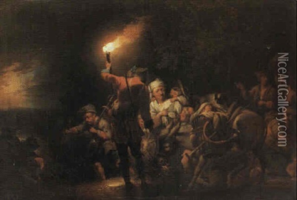 Resande Sallskap Leds Over Vadstalle Av Soldat Oil Painting - Johann Conrad Seekatz