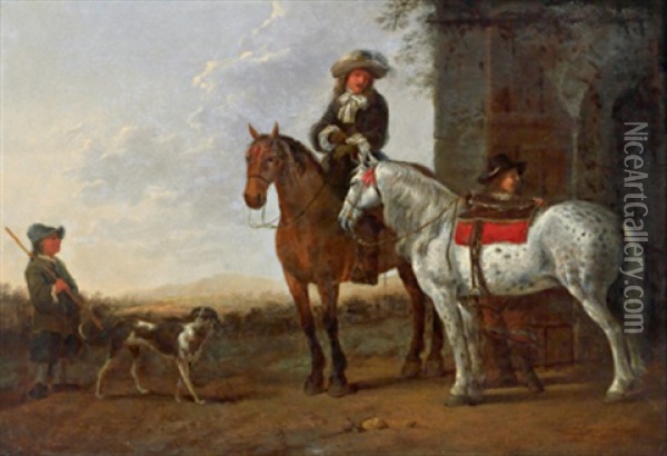 Aufbruch Zur Jagd, Zwei Reiter Und Ein Junge Mit Einem Hund Oil Painting - Abraham Van Calraet