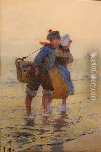 On The Seashore Oil Painting - Hector Caffieri