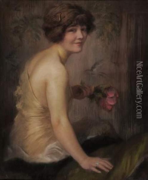 Jeune Femme A La Rose Oil Painting - Nikolai Kornilievich Bodarewsky