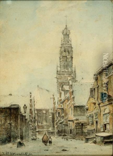 Mother And Child Walking In The Direction Of The Bakenesser Tower In Haarlem Oil Painting - Johannes Hilverdink