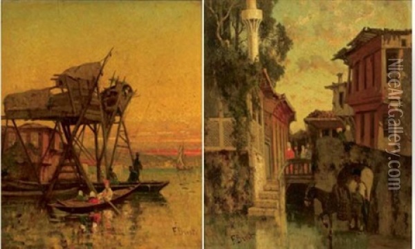 Anier Dans Une Ruelle A Istanbul (+ Barques Sur Le Bosphore; Pair) Oil Painting - Germain Fabius Brest