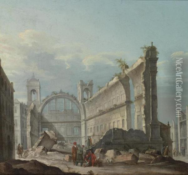 Capriccio With Figures In Front Of The Ruins Of A Church Oil Painting - Pietro Bellotti