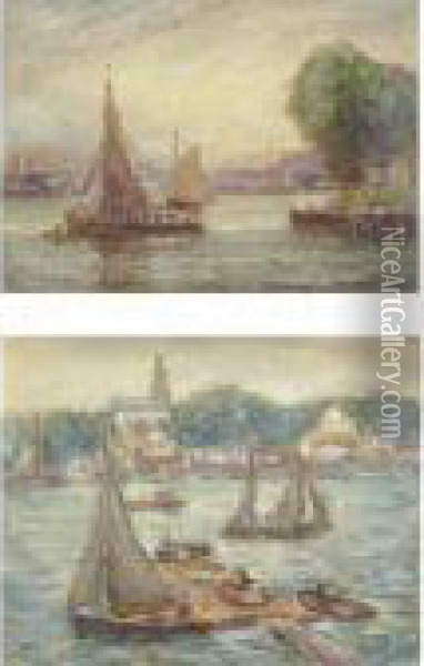 Sailboats In A Harbor: Two Works Oil Painting - Reynolds Beal