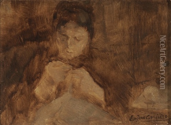 Woman Sewing Oil Painting - Eugene Carriere