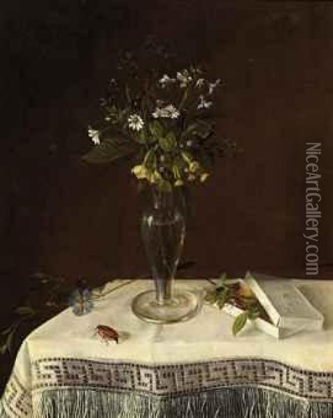 A Bouquet Of Wild Flowers In A Glass Vase On A Draped Table Oil Painting - Heinrich Brune