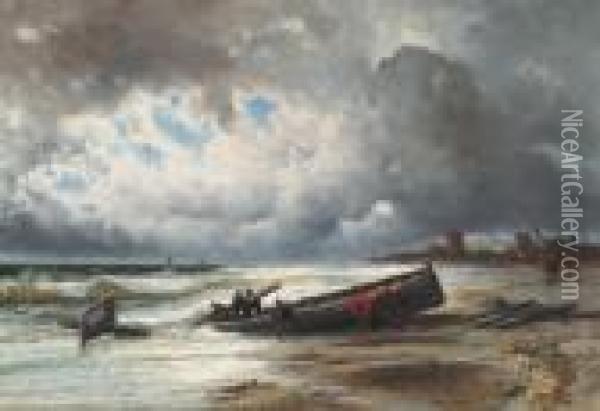 L'arrivee Des Bateaux Sur La Plage Oil Painting - Jules Achille-Noel