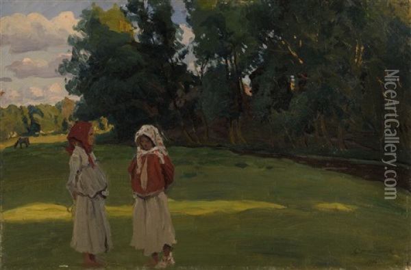 Girls In A Field Oil Painting - Evgeniy Ivanovich Stolitsa