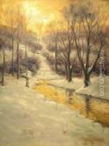 Winter Landscape With Stream Oil Painting - Svend Rasmussen Svendsen