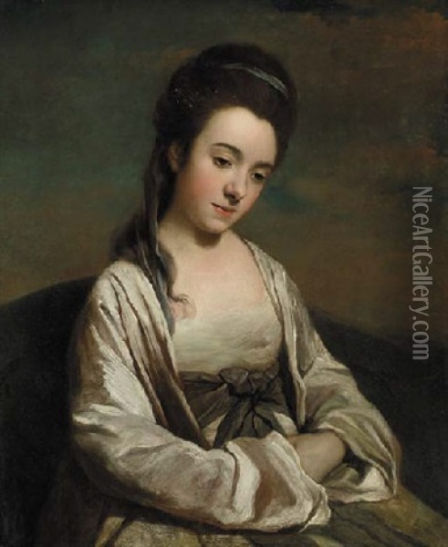 Portrait Of A Lady Seated, In A Pink And White Gown Oil Painting - Nathaniel Hone the Elder
