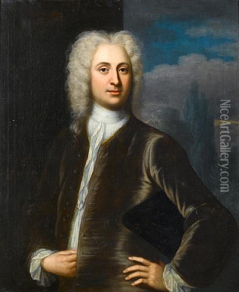 Portrait Of A Gentleman, Half-length, In Agrey Coat With A White Chemise Oil Painting - Jonathan Ii Richardson