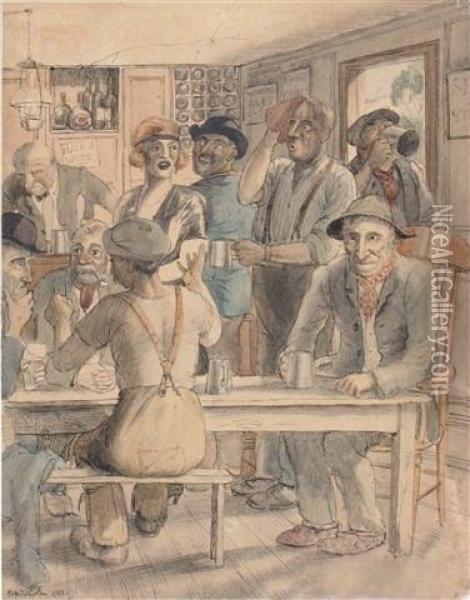 Birthday Card Design Of Figures Drinking In A Tavern Oil Painting - Rex John Whistler