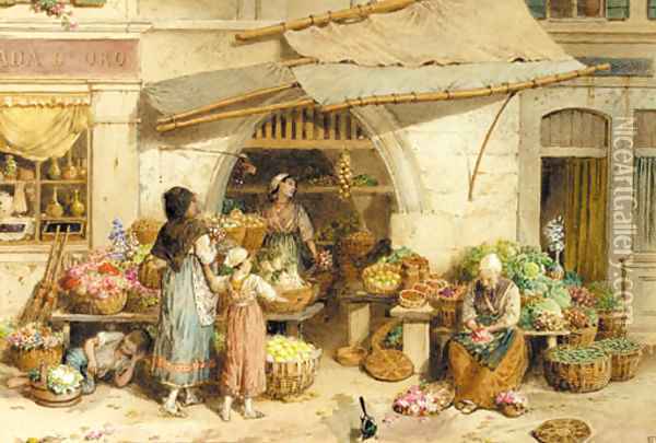 A fruit shop, Rialto market, Venice Oil Painting - Myles Birket Foster