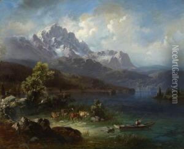 Kuhe Am Ufer Eines
 Gebirgssees. Oil Painting - Leopold Heinrich Voscher