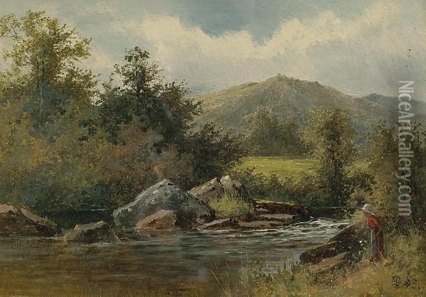 On The River At Capel Curig, North Wales Oil Painting - Thomas Scott Callowhill