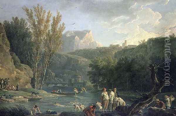 River Scene with Bathers Oil Painting - Claude-joseph Vernet