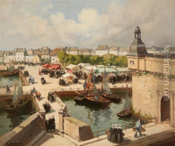 Concarneau, Finistere, Le Marche Devant La Ville-close Oil Painting - Henri Alphonse Barnoin