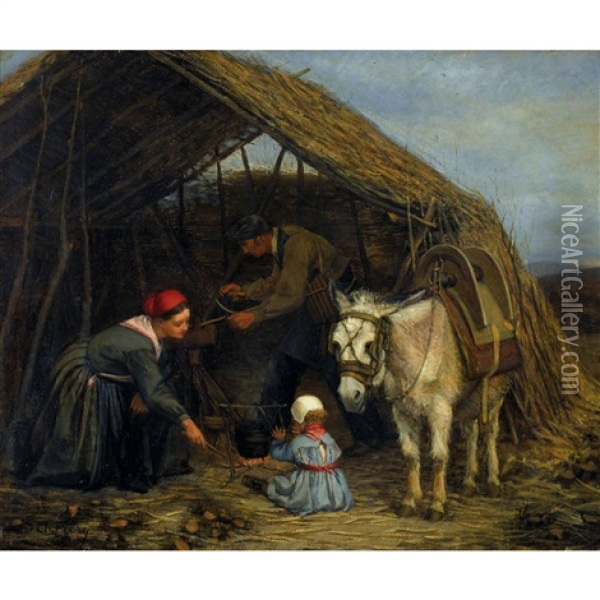 Familie In Einer Strohhutte Oil Painting - Charles Edouard Frere