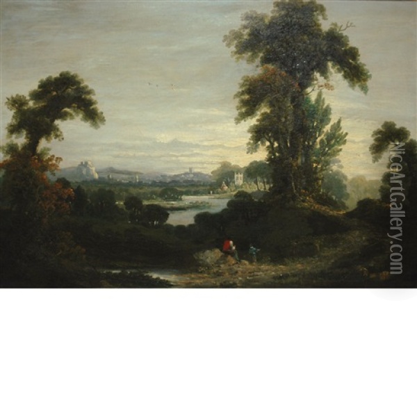 Figures In A River Landscape, A Town In The Distance Oil Painting - Peter de Wint