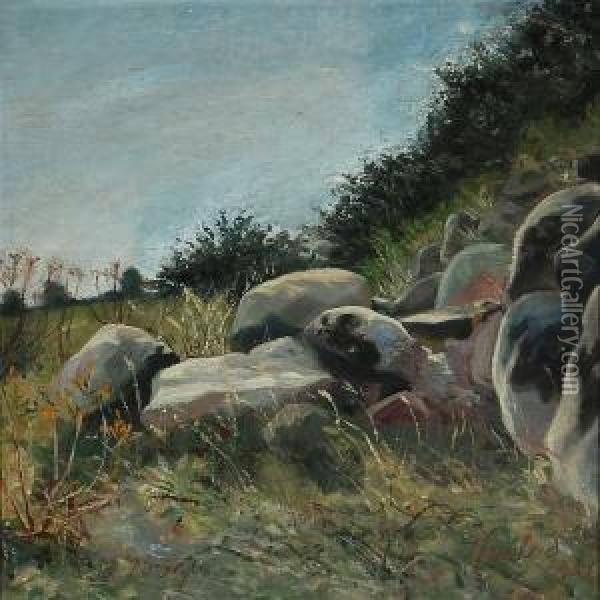 At A Stone Fence In Holte, Denmark Oil Painting - Einar Vilhelm Bogh