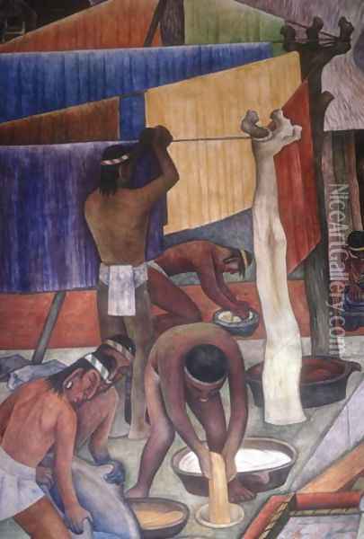 Dyeing Fabrics, detail from The Tarascan Civilisation, 1942 Oil Painting - Diego Rivera