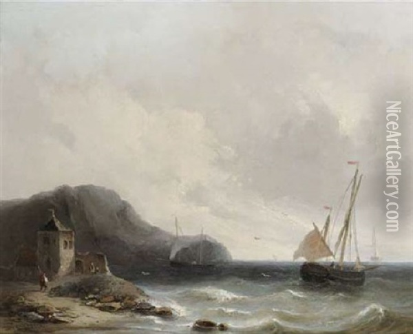 Shipping In A Breeze Off A Rocky Coast Oil Painting - Christiaan Lodewijk Willem Dreibholtz