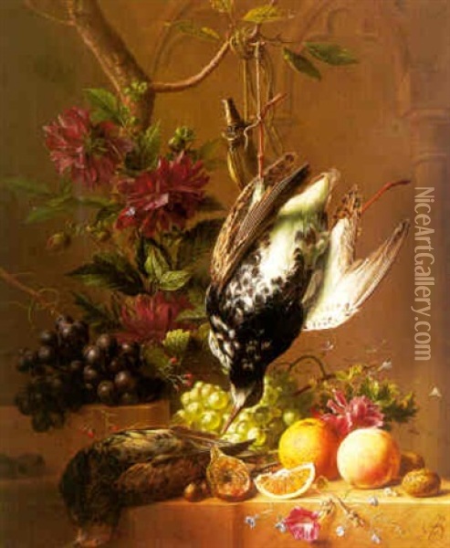 Stilleven Met Druiven, Sinaasappels, Dahlia's En Snippen Oil Painting - Arnoldus Bloemers