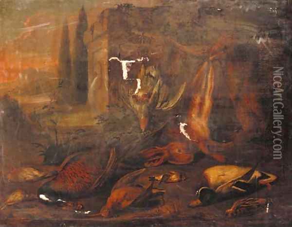 Dead game in a classical landscape Oil Painting - Benjamin Blake