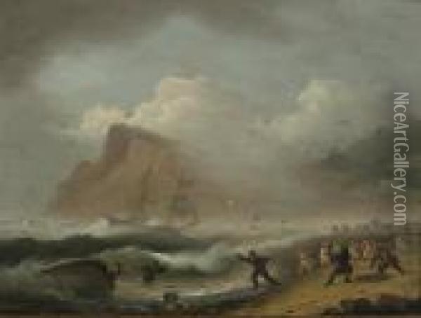 Launching The Lifeboats, A Brig In Distress Entering Teignmouth Harbor Oil Painting - Thomas Luny