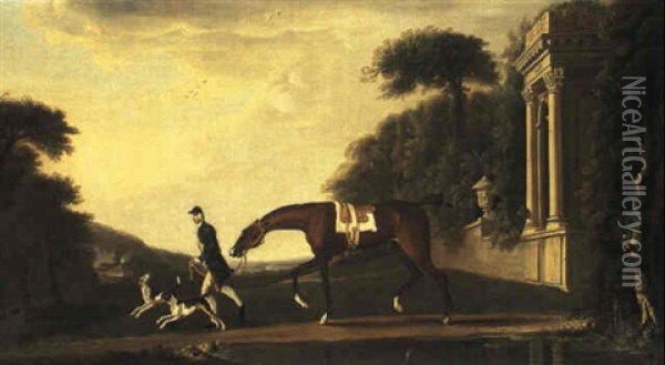 A Chestnut Hunter Being Led By A Groom With Two Hounds Outside A Country Estate Oil Painting - Richard Roper