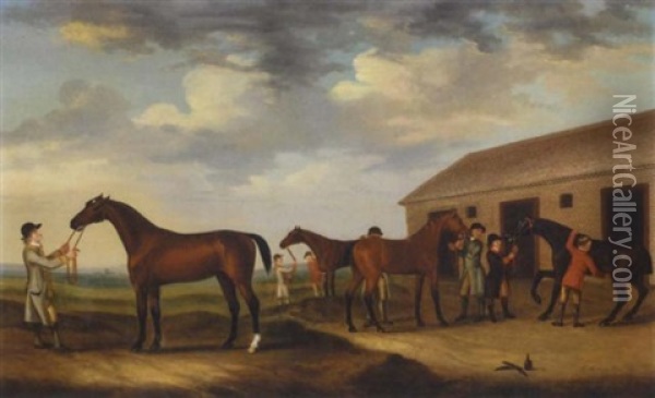 Four Racehorses Outside The Rubbing Down House, Newmarket Oil Painting - Francis Sartorius the Elder