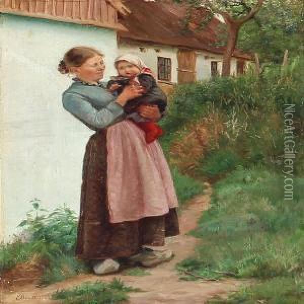 A Woman With Her Child In Front Of A Farm House Oil Painting - Emilie Mundt