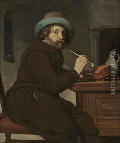 A Smoker Seated At A Table Oil Painting - Gabriel Metsu