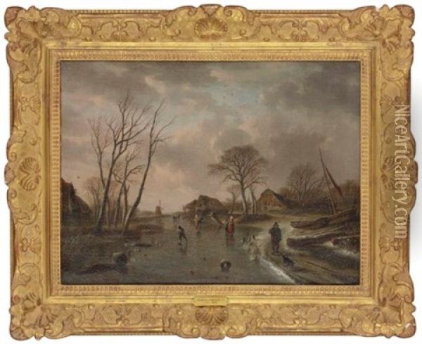 A Winter Landscape With Figures Before A Hamlet Oil Painting - Andries Vermeulen