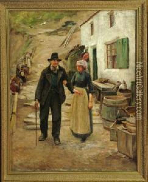 35 3/4in. X 28in. A Scene In A Yorkshire Fishing Village-a Fishergirl Assisting An Elderly Man. See Illustration Oil Painting - Isa Thompson
