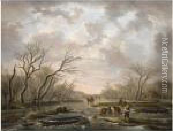 Winter Landscape With Skaters On A Frozen Canal Oil Painting - Andries Vermeulen