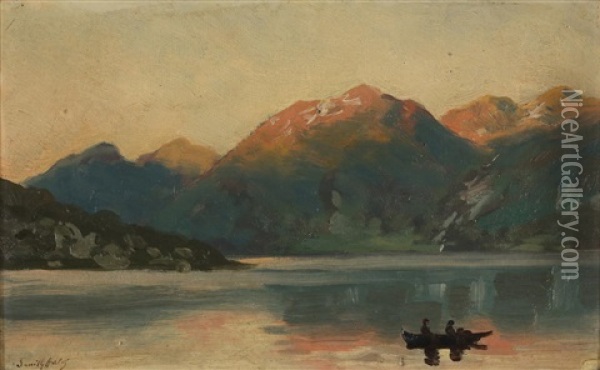 Aftenstemning Fjordlandskap Med Robat Oil Painting - Frithjof Smith-Hald